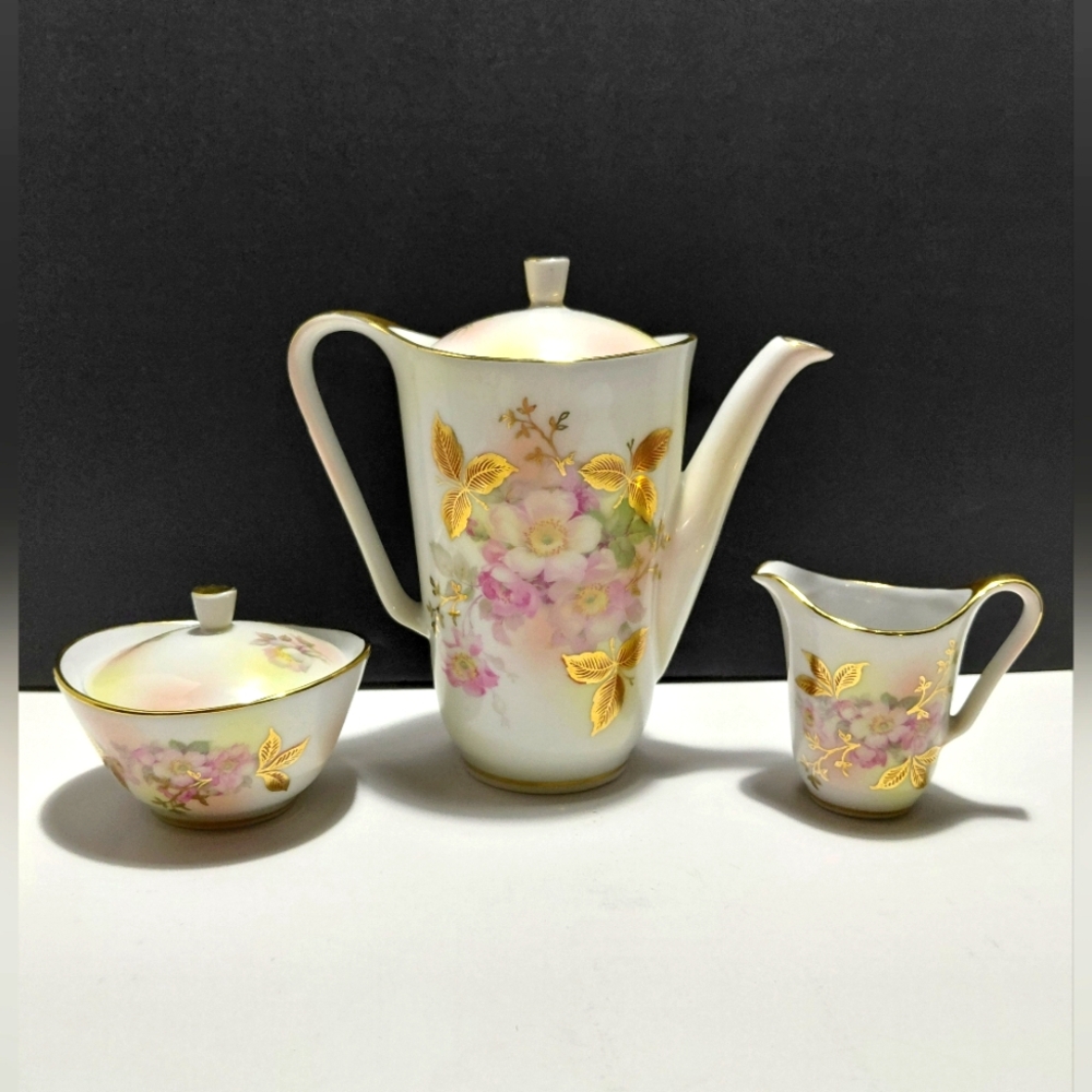 Schumann Arzberg Wild Rose Porcelain Teapot, Creamer & Sugar Bowl.